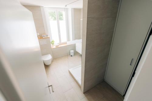 a bathroom with a shower and a toilet and a sink at 120sqm Duplex Apartment with AirC Free Parking Family & Business in Biel