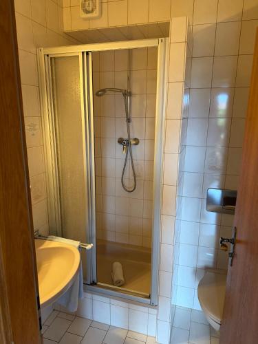a bathroom with a shower and a sink at Schwaigerhof Rottau in Rottau