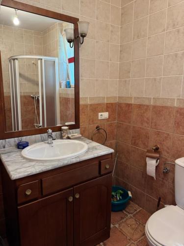 a bathroom with a sink and a toilet and a mirror at Eclipse 2026 in Tamarón