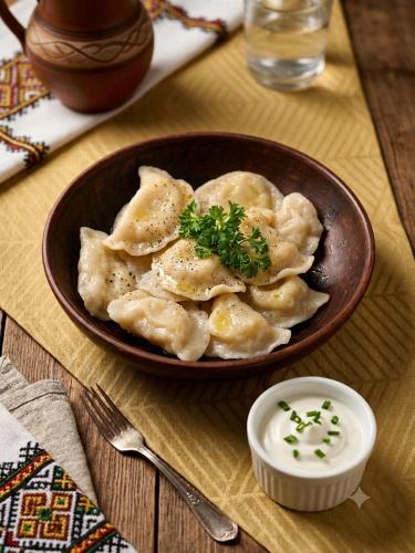 a bowl of dumplings with parsley on a table at Queens Safehouse in Brozany