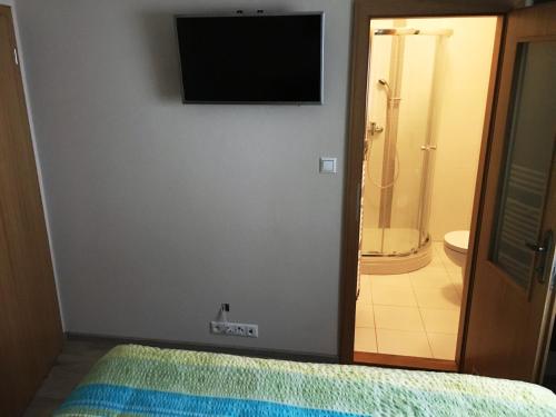 1 dormitorio con TV en la pared y baño en Penzion Pikolo, en Nové Mesto nad Váhom