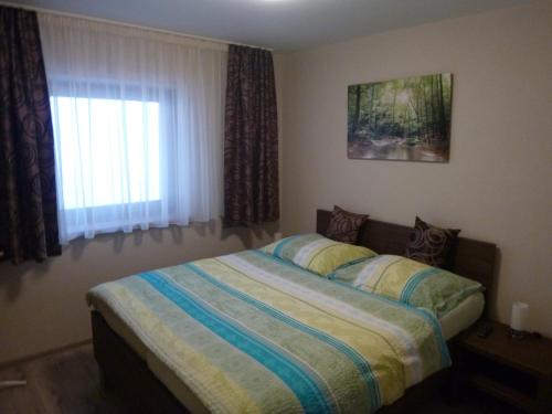 1 dormitorio con cama y ventana en Penzion Pikolo, en Nové Mesto nad Váhom