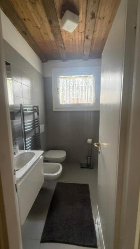 a bathroom with a sink and a toilet and a window at Cosy Lodge un rifugio romantico nel cuore delle Dolomiti in Madonna di Campiglio