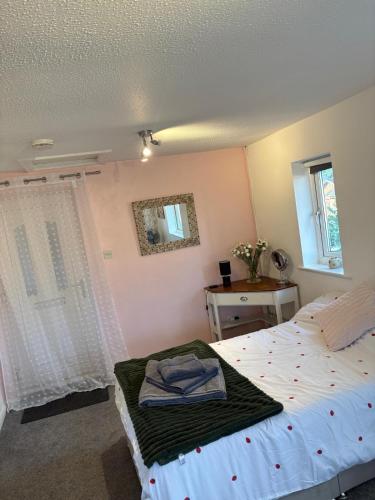 a bedroom with a bed and a desk and a window at The Paddocks in Bicton