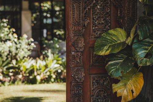 a wooden door with a plant in a garden at The Hidden Paradise Ubud - CHSE Certified in Ubud