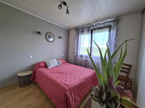 a bedroom with a pink bed and a potted plant at Chez Marie et Guy 