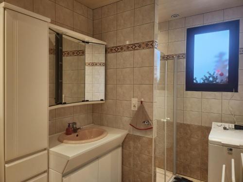a bathroom with a sink and a glass shower at Chez Marie et Guy 