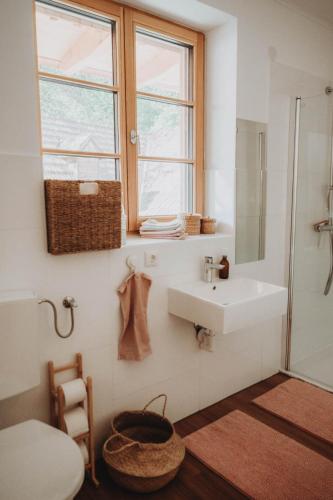 a bathroom with a sink and a window and a shower at Der Yogahof in Tratten