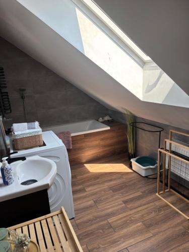 a bathroom with a washing machine and a bath tub at Apartament 2-pokojowy, z atrakcjami dla dzieci in Kolonia Salnia
