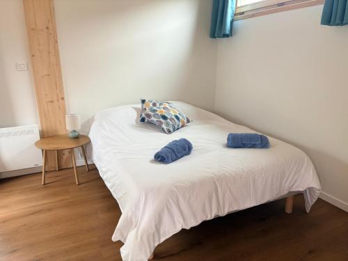 a bed with two blue pillows on top of it at Les Gîtes du Chênelet in Landrethun-le-Nord