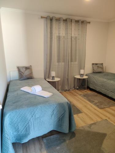 a bedroom with two beds and two night stands at Casa do Valinho 
