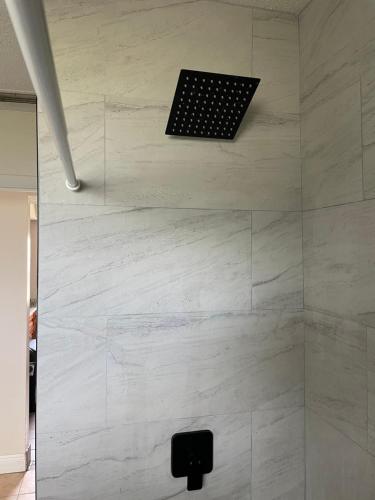 a shower with a black speaker in a bathroom at Dolphin Cove in Sarasota