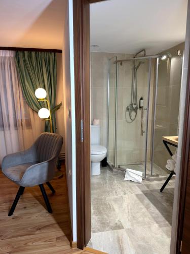 a bathroom with a shower and a chair and a toilet at La Colțul Castelului Bran Boutique in Bran