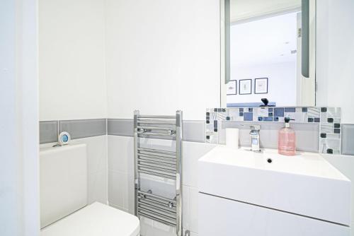 a bathroom with a toilet and a sink and a mirror at Jan Dee Cottage in Ventnor