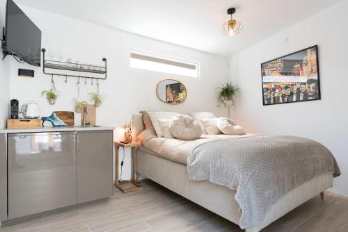 a bedroom with a bed and a television in it at Ben Thuis Studio Alkmaar in Alkmaar