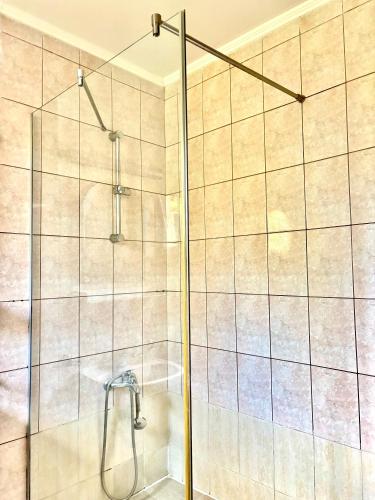 a shower with a glass door in a bathroom at Hotel Perla in Satu Mare