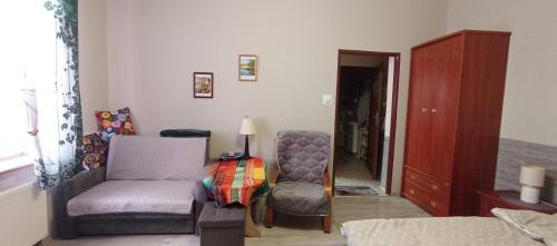 a living room with a couch and a chair at Kawalerka u Megi in Borne Sulinowo