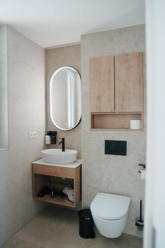 a bathroom with a sink and a toilet and a mirror at The Haus KAI Nuremberg in Nuremberg