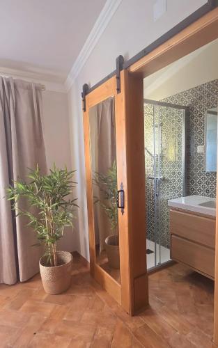 a bathroom with a sliding door with a plant at Casas do Monte I - T3 