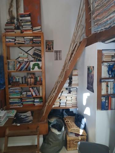 a room with a staircase with books at A casetta in Bastia
