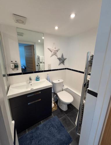 a bathroom with a sink and a toilet and a mirror at Mudeford Breeze in Mudeford