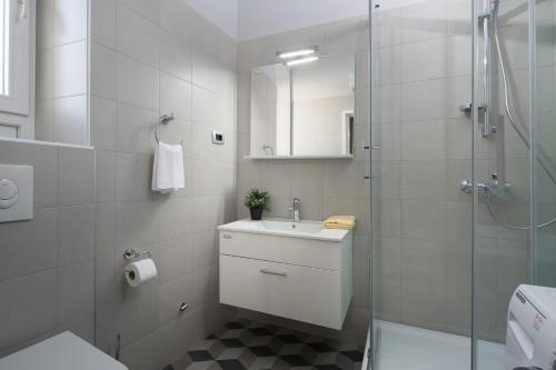 een badkamer met een wastafel en een glazen douche bij Studio Apartments River in Rijeka
