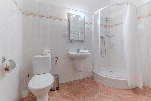 a bathroom with a toilet and a sink and a tub at Penzion Brixen in Lipnice nad Sázavou