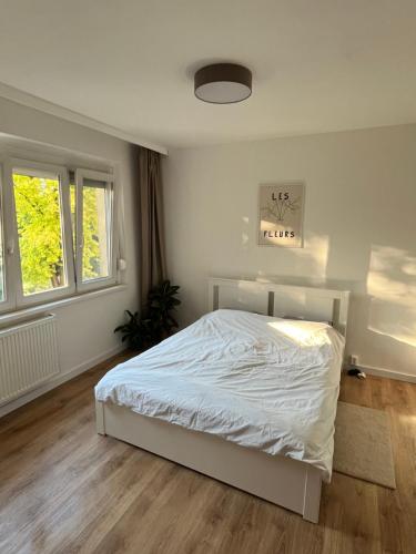 a bedroom with a white bed and two windows at Battaville Apartment in Százhalombatta