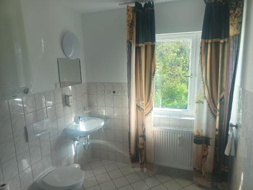 a bathroom with a toilet and a sink and a window at Werrapark Apart Heubach in Masserberg
