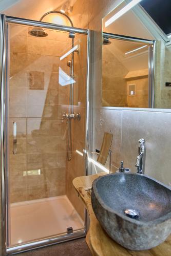 a bathroom with a sink and a shower at Le Nid de la Breizhidence in Combourg