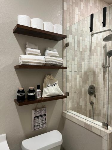 a bathroom with a shower and a toilet and towels at The Retreat at Hempstead in Hempstead
