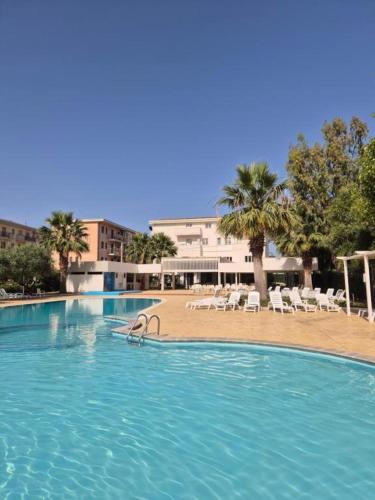 a large swimming pool with chairs and palm trees at Hsdominicus in Cirella