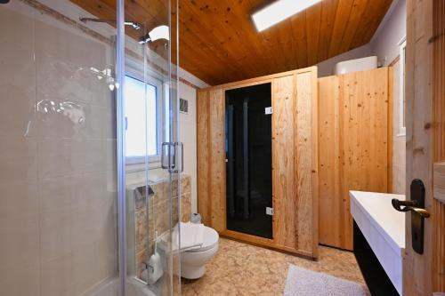 a bathroom with a toilet and a glass shower at Appartements Oberdorfer in Landeck