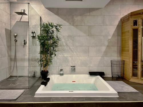 a bath tub with a potted plant in a bathroom at LOFT & SPA PRIVATIF in Dijon