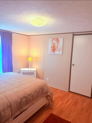 a bedroom with a bed and a table with a lamp at Peace in Lake Hartwell in Hartwell