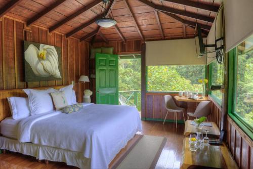 a bedroom with a bed and a table and windows at Trogon Lodge in San Gerardo de Dota