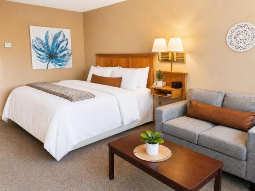 a hotel room with a bed and a couch at Alleghany Inn Blue Ridge in Sparta