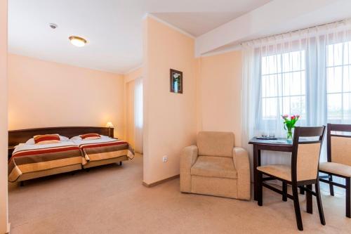 a bedroom with a bed and a desk and a chair at Hotel Anek in Mrągowo