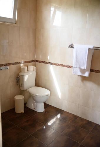 a bathroom with a toilet and towels on the wall at Вила Чочита in Trapeskovtsi