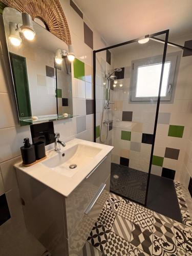 a bathroom with a sink and a shower at Le Refuge des Vignes in Sainte-Colombe