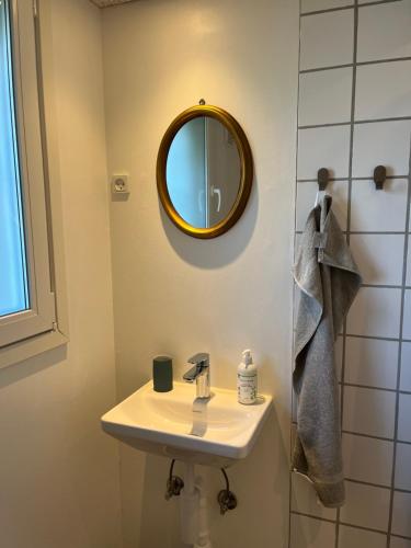 a bathroom with a sink and a mirror at Karensdal B & B in Uldum