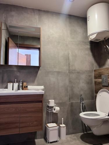 a bathroom with a toilet and a sink and a mirror at Casa Kollari in Ulcinj