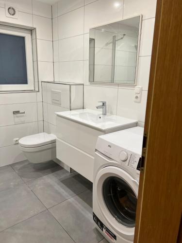 a bathroom with a washing machine and a washer at Ruhig gelegene Ferienwohnung in Waldbrunn