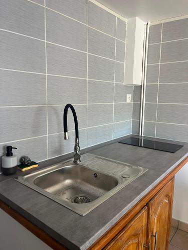 a kitchen counter with a sink in a kitchen at L'Envol in Tillé