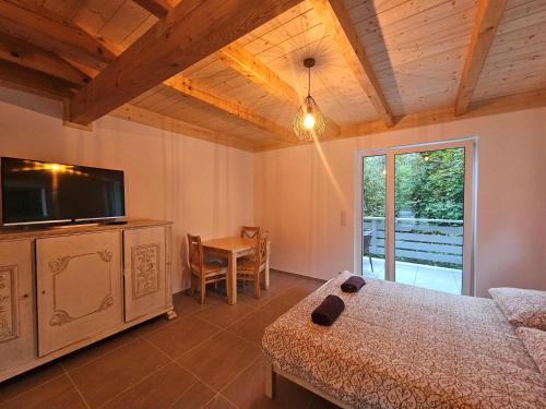 a bedroom with a bed and a television and a table at Apartamenty nad potokiem in Krościenko