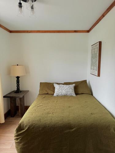 a bedroom with a bed and a table with a lamp at Brooks Place in Deer Lake