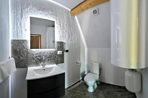 a bathroom with a sink and a toilet and a mirror at Cabana Magia Muntelui in Prisaca Dornei