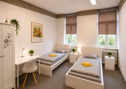 a room with two beds and a desk and windows at Ermar Gästehaus in Baden-Baden