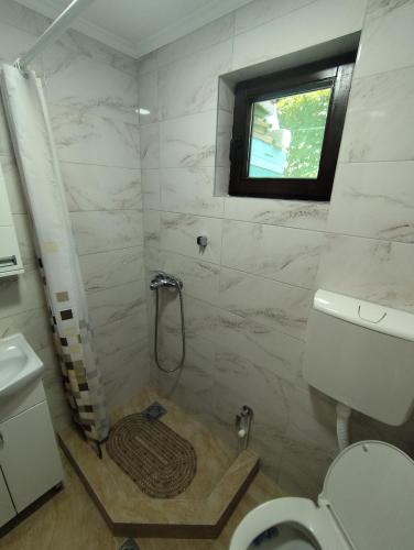 a bathroom with a shower with a toilet and a window at Apartmani KOSMOS in Rudnik