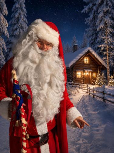 a man dressed as santa claus standing in the snow at Aurora Grande in Saariselka